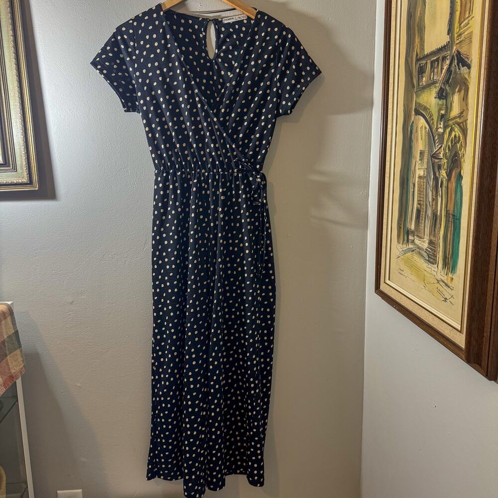 Pull & Bear Polka Dot Wrap Front Jumpsuit Small Black Tan Short Sleeve Keyhol